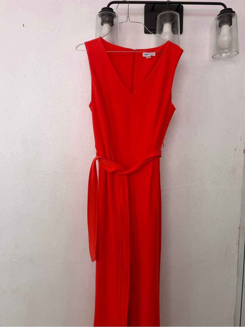 Calvin Klein Vibrant Red V-Neck Belted Maxi Dress